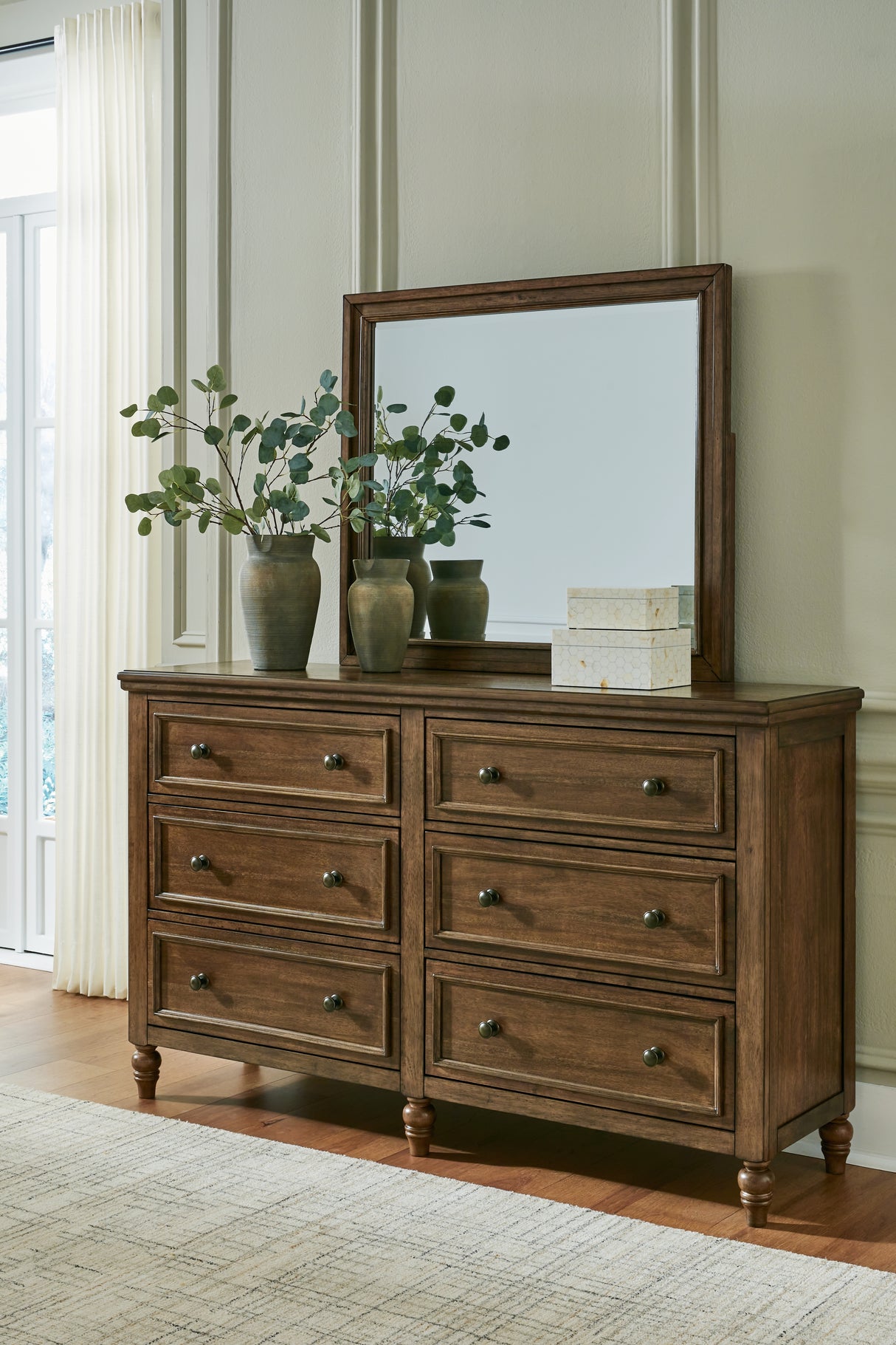 Sturlayne King Upholstered Panel Bed with Mirrored Dresser and 2 Nightstands in Brown from Ashley - Luna Furniture