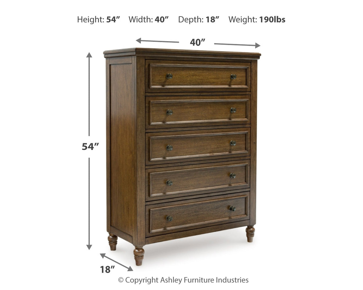 Sturlayne Queen Upholstered Panel Bed with Mirrored Dresser and Chest in Brown from Ashley - Luna Furniture