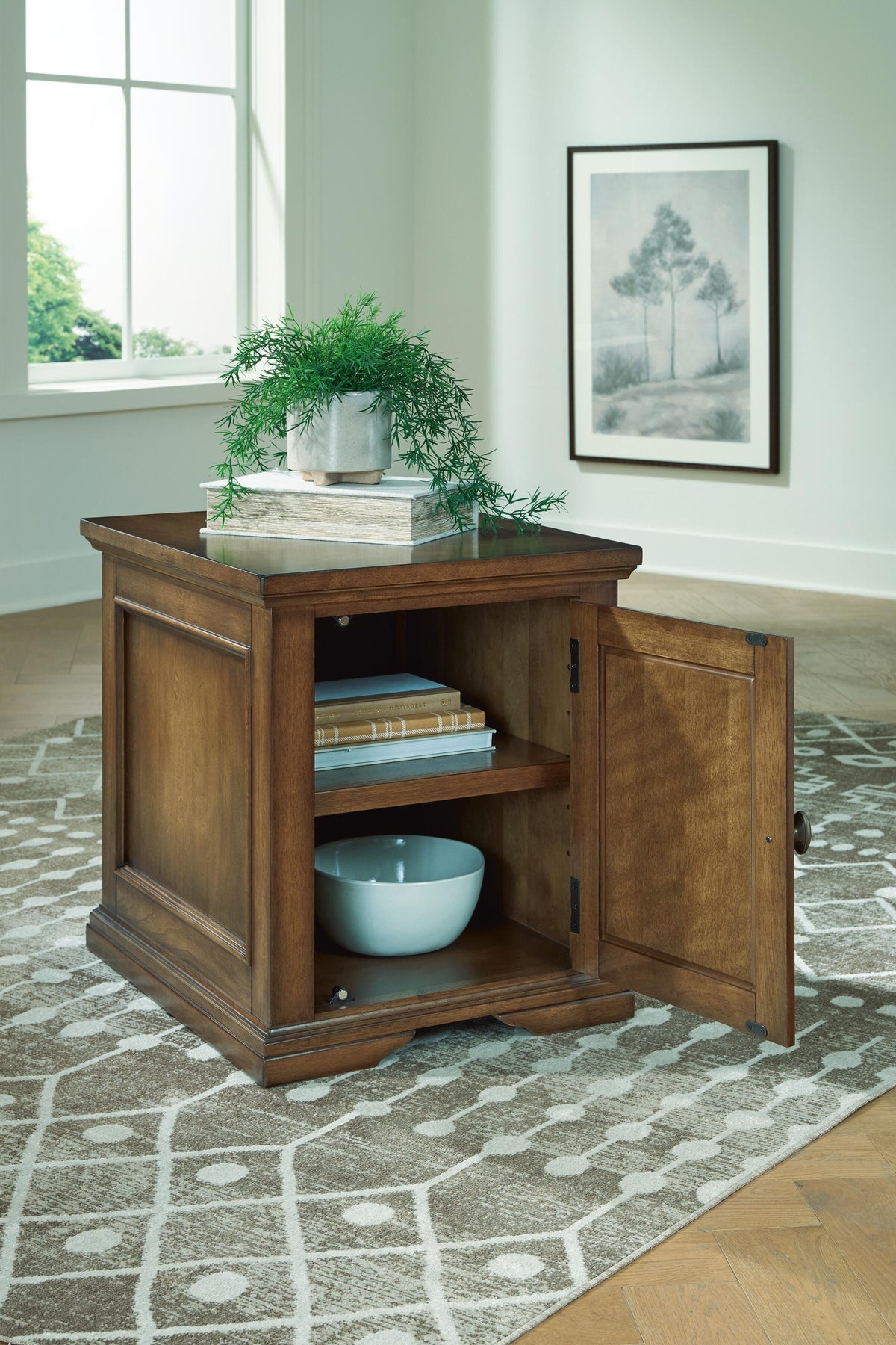 Channley Brown side table open, shelves inside and dark wood top, lifestyle view