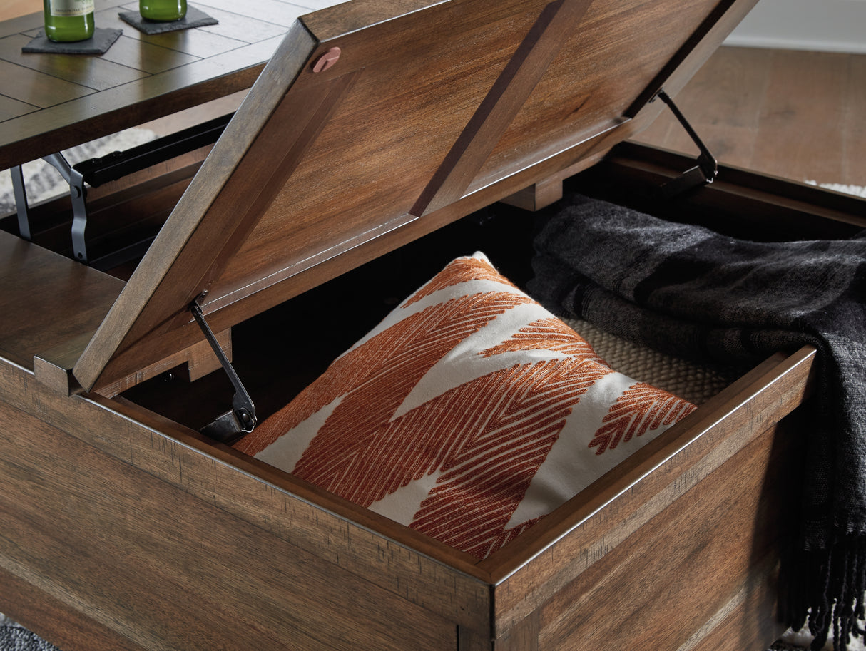 Moriville Grayish Brown Lift-top Coffee Table and 2 Chairside End Tables from Ashley - Luna Furniture