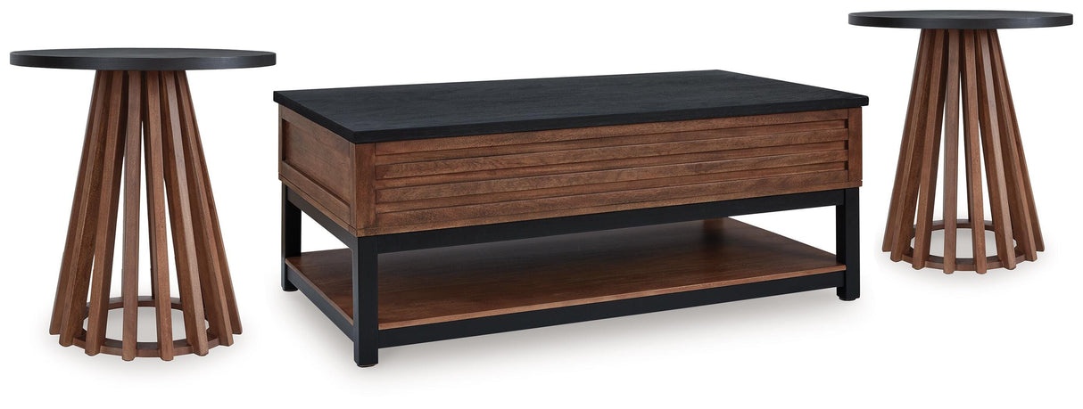 Kallari Warm Brown/Black Lift-Top Coffee Table and 2 End Tables from Ashley - Luna Furniture
