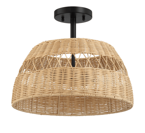 Twinkle Double Lights Semi Flush With Rattan Shade Black Metal Finish for Farmhouse Style
