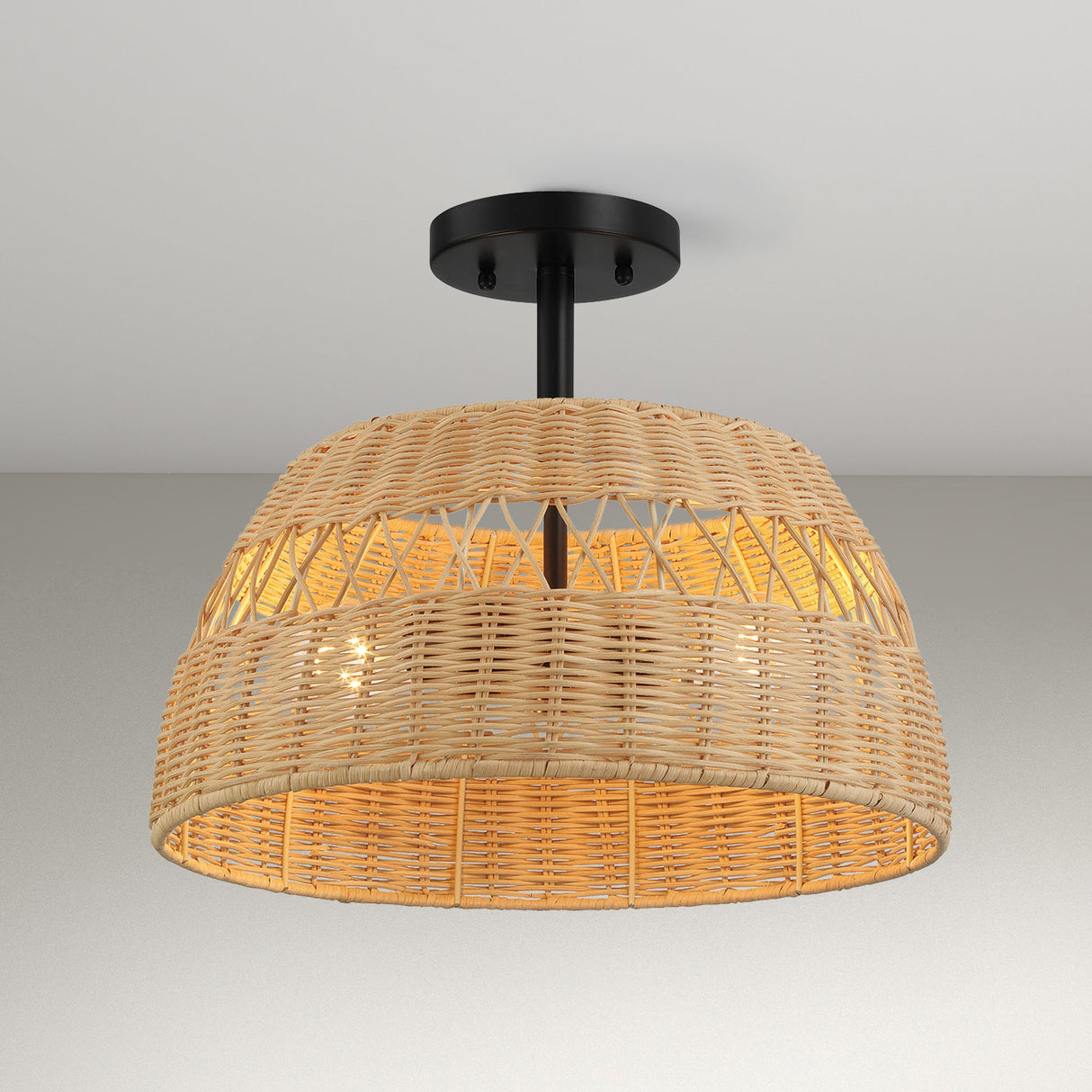 Twinkle Double Lights Semi Flush With Rattan Shade Black Metal Finish for Farmhouse Style from Midinmod - Luna Furniture