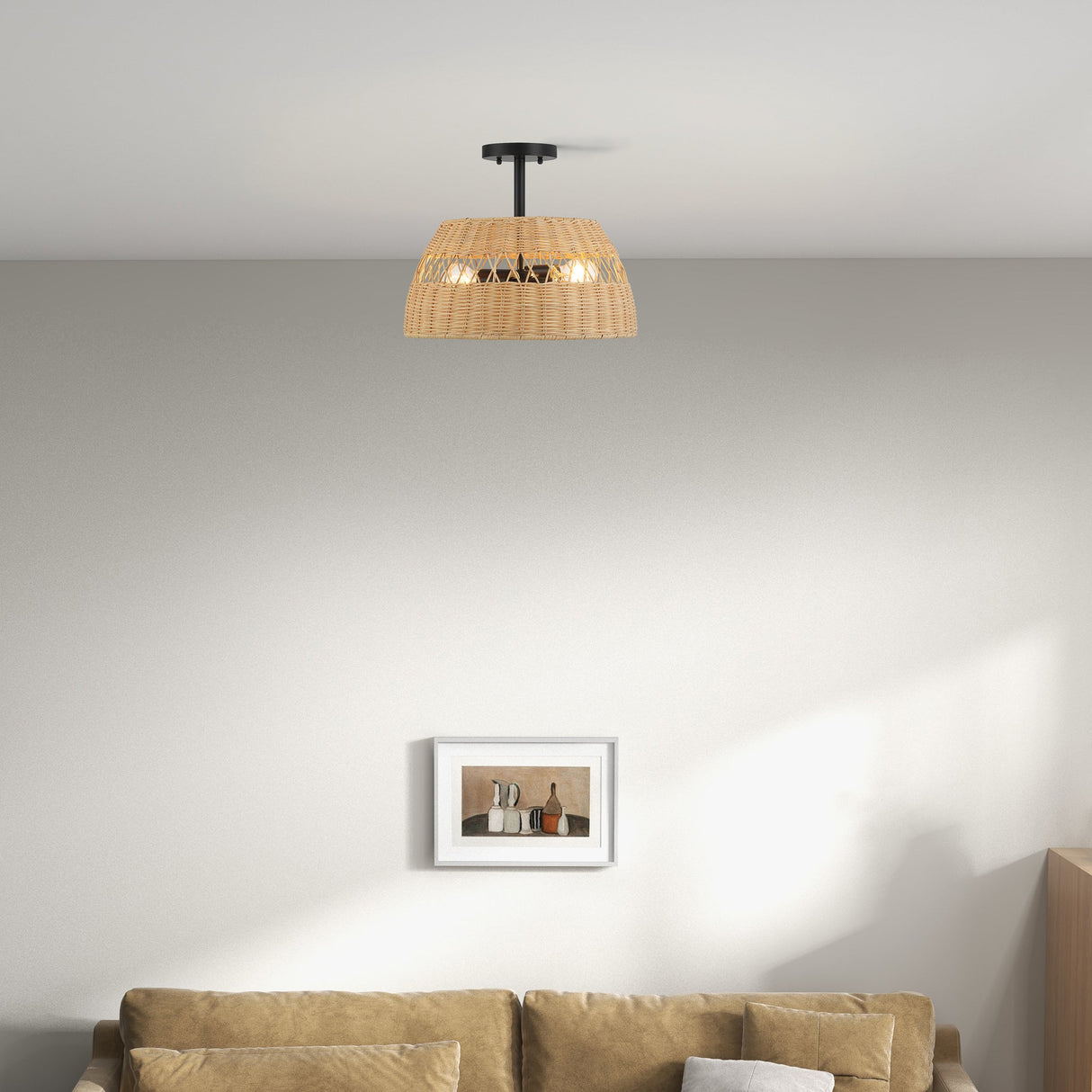Twinkle Double Lights Semi Flush With Rattan Shade Black Metal Finish for Farmhouse Style from Midinmod - Luna Furniture