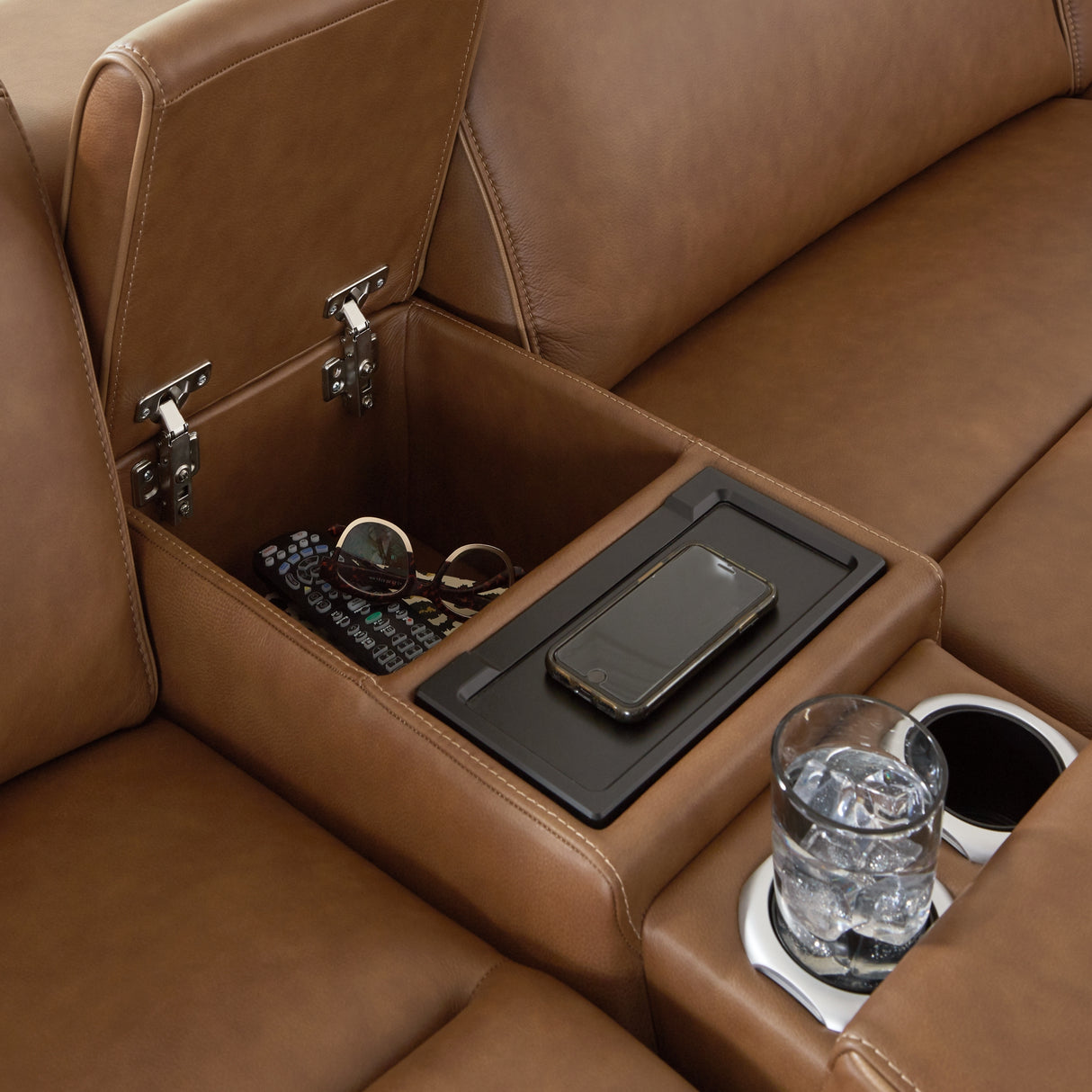 Magic Man Caramel 5-Piece Power Reclining Sectional with Console from Ashley Furniture - Luna Furniture