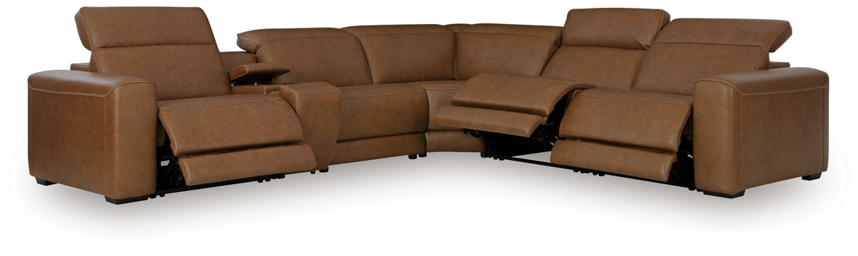 Magic Man Caramel 6-Piece Power Reclining Sectional with Console from Ashley Furniture - Luna Furniture