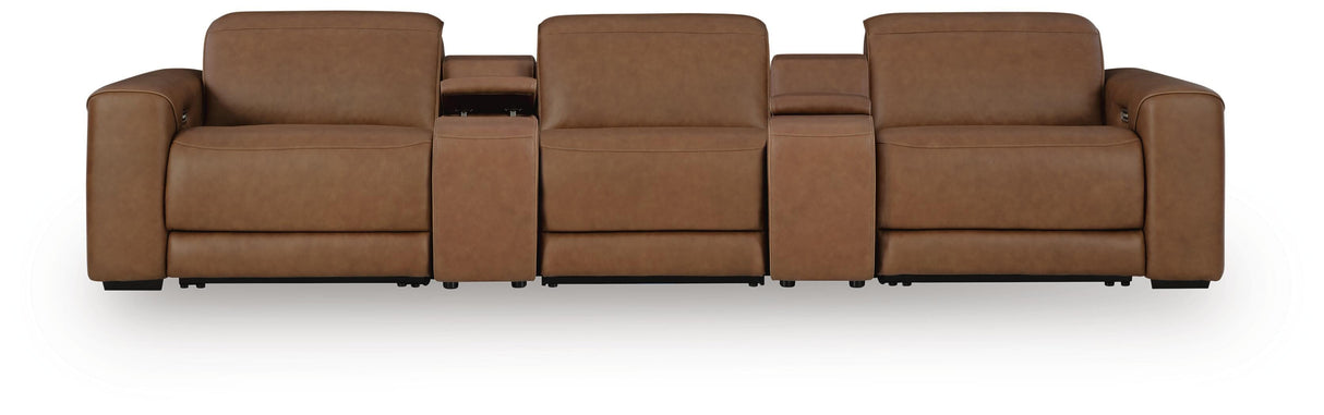 Magic Man Caramel 5-Piece Power Reclining Sectional with Console from Ashley Furniture - Luna Furniture