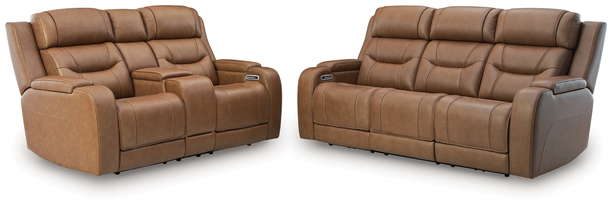 Knightington Caramel Power Reclining Sofa and Loveseat with Audio Seating from Ashley - Luna Furniture