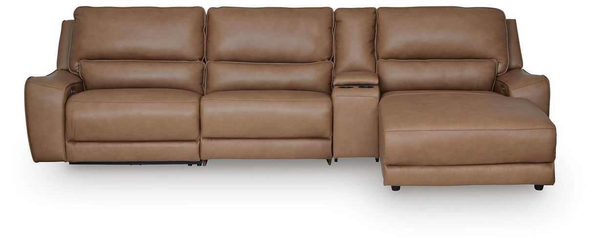 DeepWakes Caramel 4-Piece Reclining Sectional with Chaise and Storage Console from Ashley - Luna Furniture