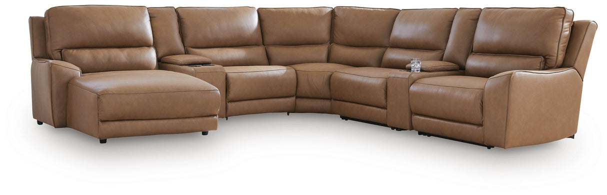 DeepWakes Caramel 7-Piece Reclining Sectional with Chaise and Storage Consoles from Ashley - Luna Furniture