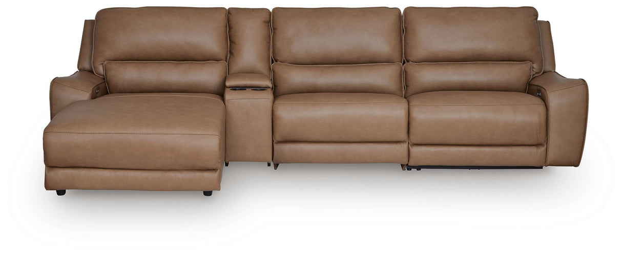 DeepWakes Caramel 4-Piece Reclining Sectional with Chaise and Storage Console from Ashley - Luna Furniture