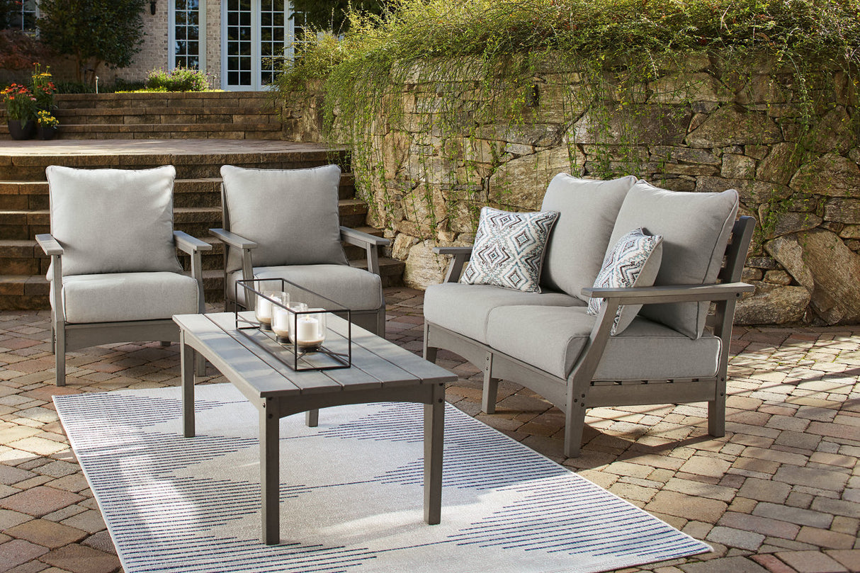 Visola Gray Outdoor Loveseat, 2 Lounge Chairs and Coffee Table from Ashley - Luna Furniture