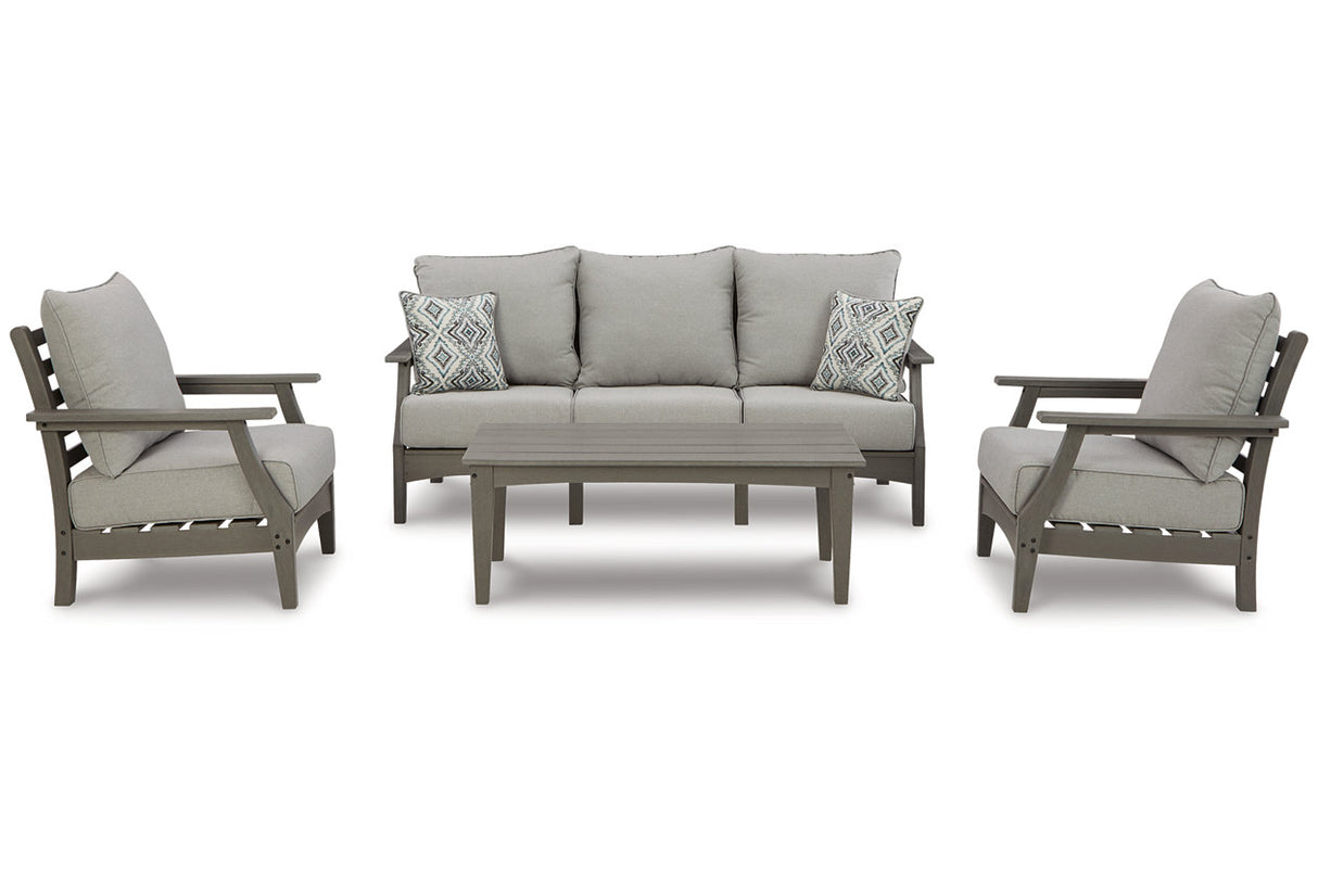 Visola Gray Outdoor Sofa, 2 Lounge Chairs and Coffee Table from Ashley - Luna Furniture