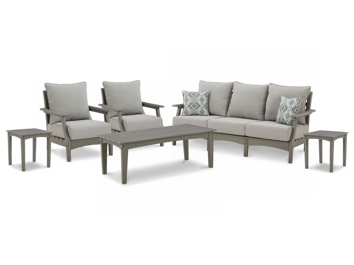 Visola Outdoor Sofa and 2 Lounge Chairs with Coffee Table and 2 End Tables in Gray from Ashley Furniture - Luna Furniture