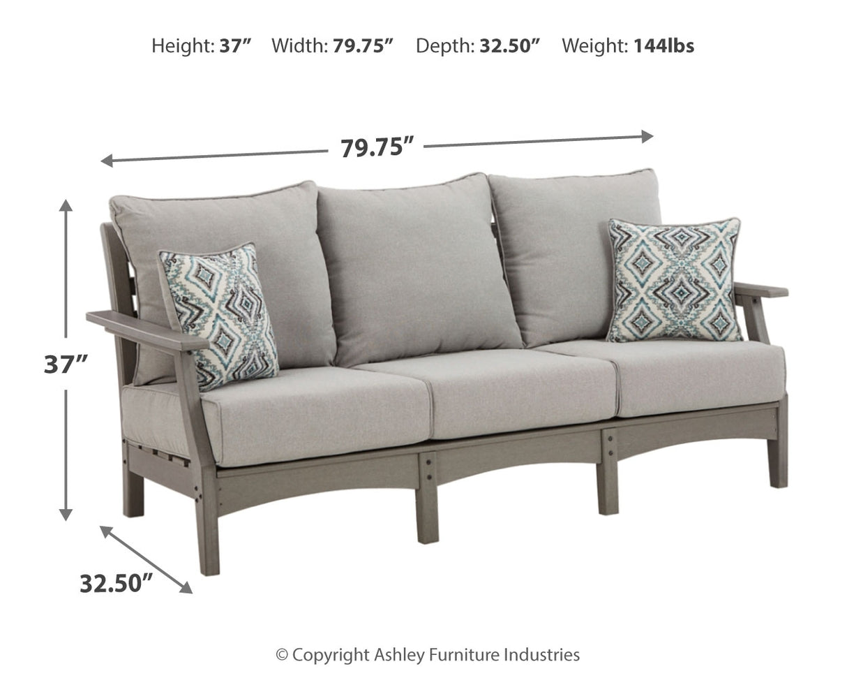 Visola Outdoor Sofa and 2 Lounge Chairs with Coffee Table and 2 End Tables in Gray from Ashley Furniture - Luna Furniture