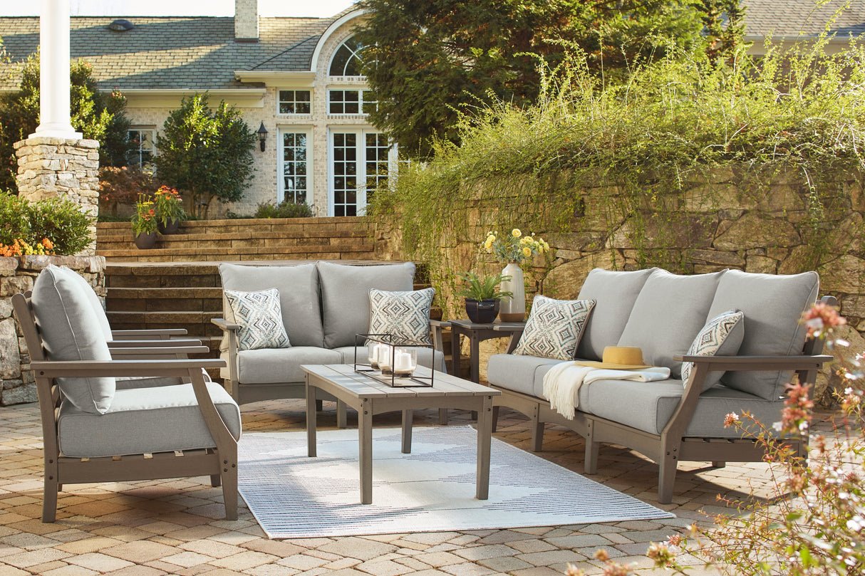 Visola Outdoor Sofa and Loveseat with 2 Lounge Chairs and End Table in Gray from Ashley Furniture - Luna Furniture
