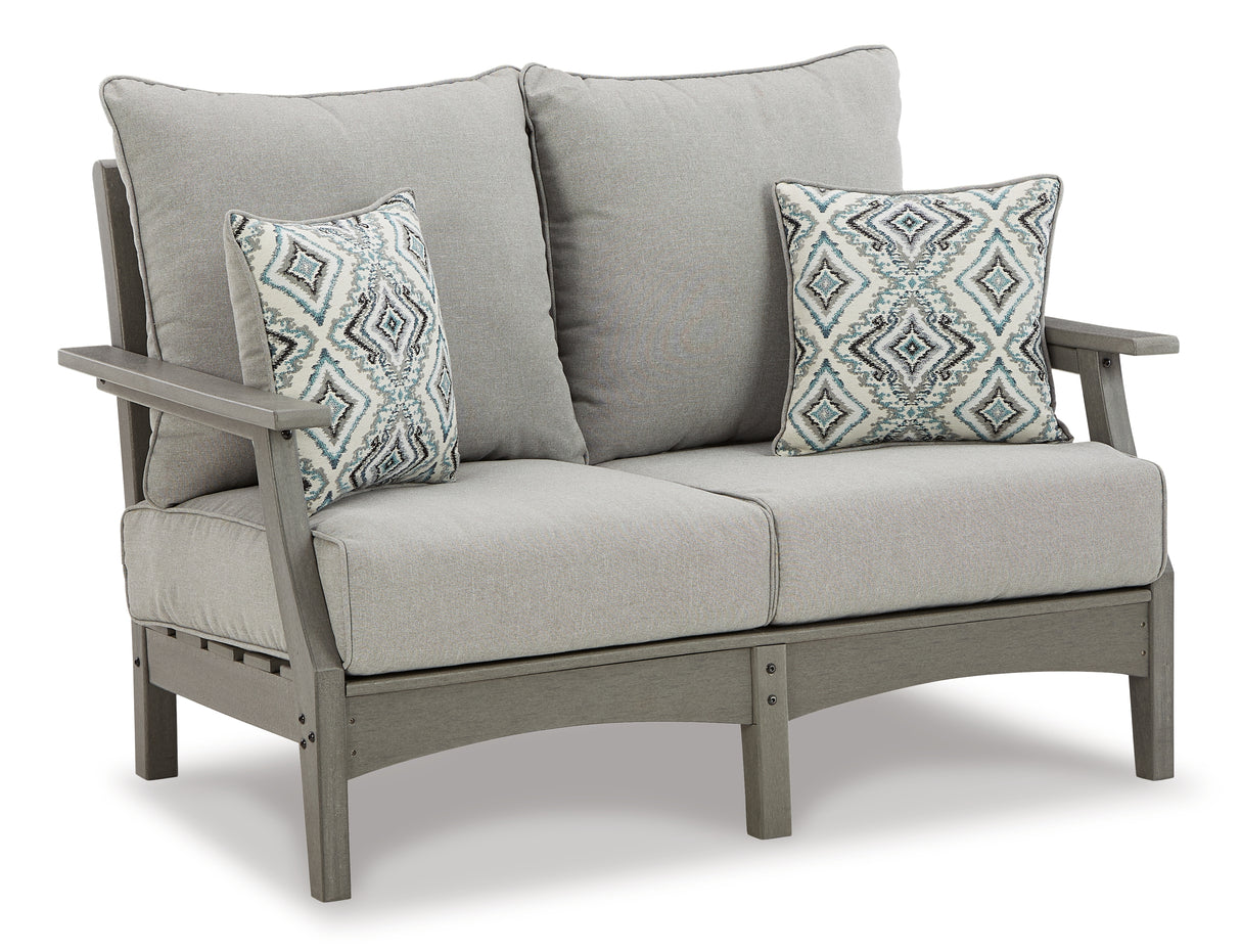 Visola Outdoor Sofa and Loveseat with 2 Lounge Chairs and End Table in Gray from Ashley Furniture - Luna Furniture