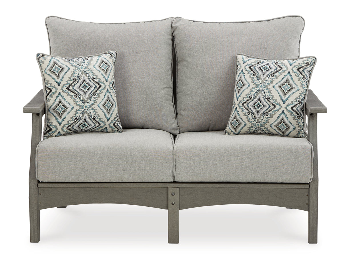 Visola Outdoor Sofa and Loveseat with 2 Lounge Chairs and End Table in Gray from Ashley Furniture - Luna Furniture