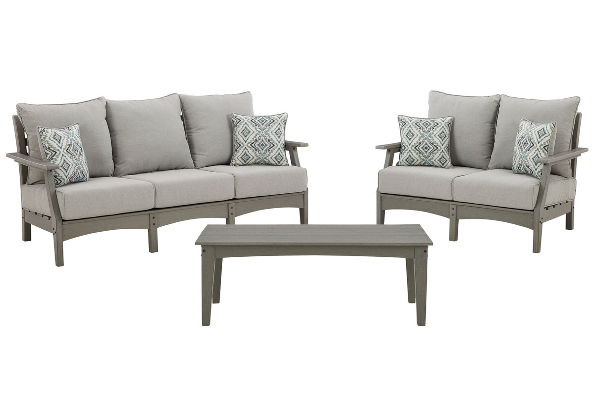 Visola Outdoor Sofa and Loveseat with Coffee Table in Gray from Ashley - Luna Furniture