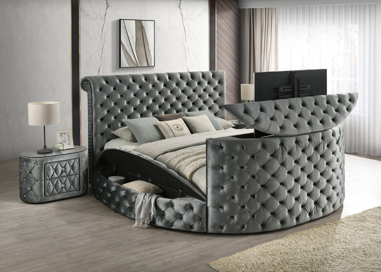 Voltare Gray Queen Upholstered Fireplace Bed with TV Lift from Crown Mark - Luna Furniture