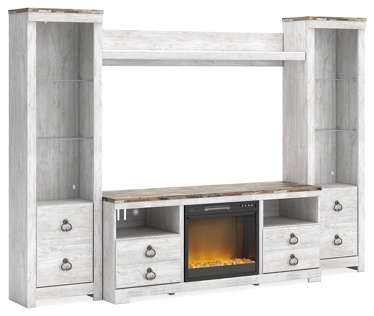 Willowton Whitewash 4-Piece Entertainment Center with Electric Fireplace from Ashley - Luna Furniture