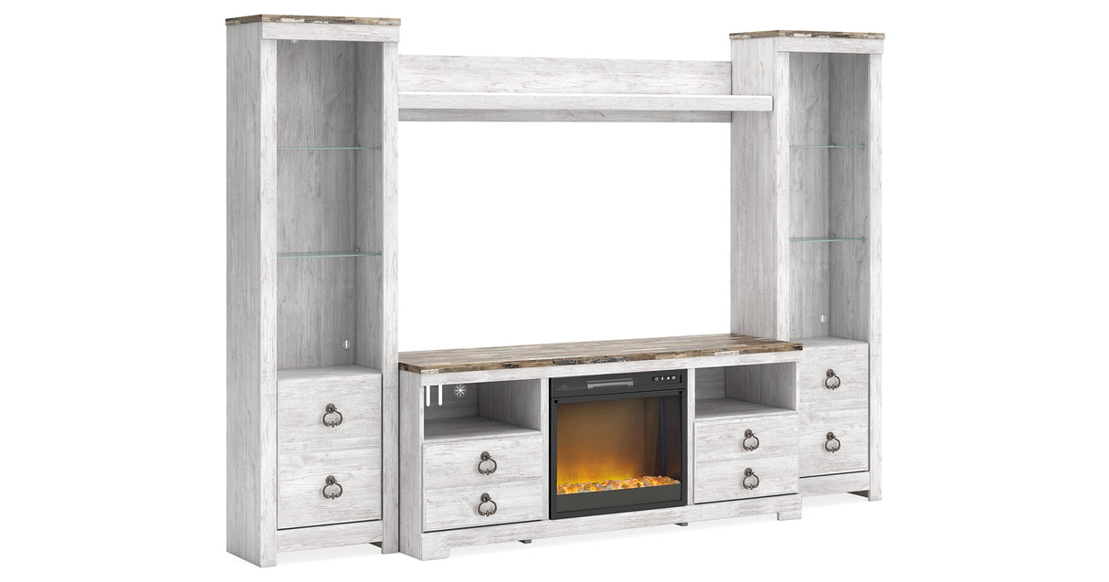 Willowton Whitewash 4-Piece Entertainment Center with Electric Fireplace from Ashley Furniture - Luna Furniture