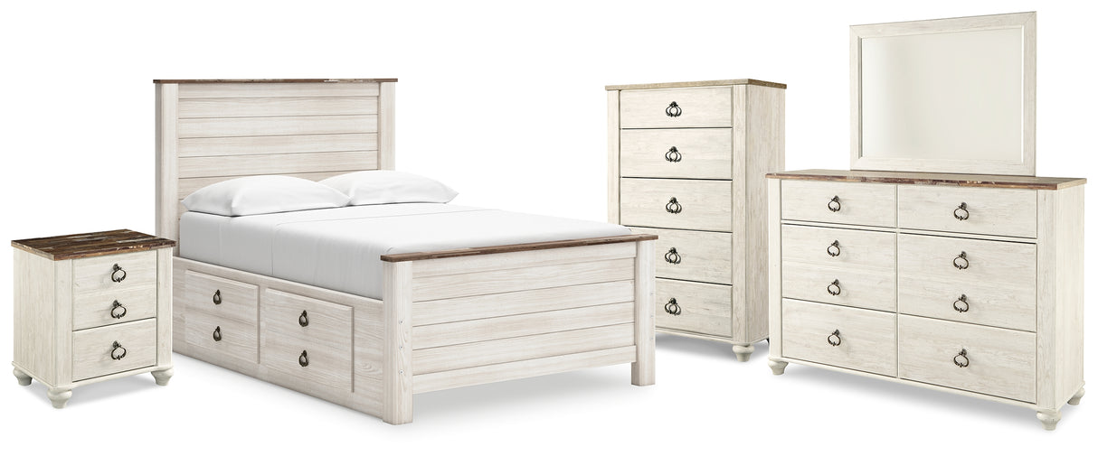 Willowton Full Panel Bed with Storage with Mirrored Dresser, Chest and Nightstand in Whitewash from Ashley Furniture - Luna Furniture