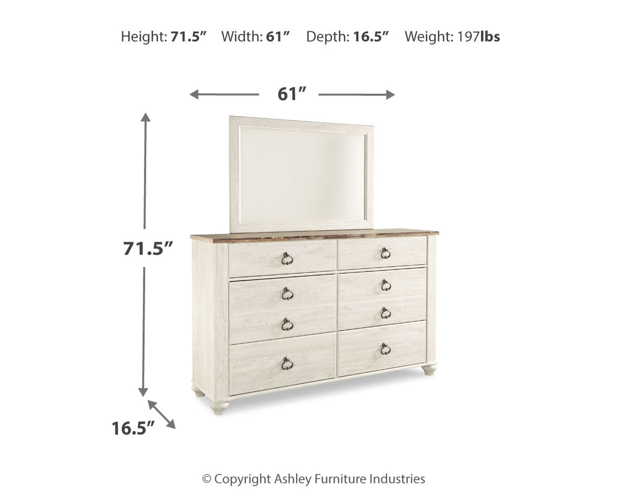Willowton Full Panel Bed with Storage with Mirrored Dresser in Whitewash from Ashley - Luna Furniture