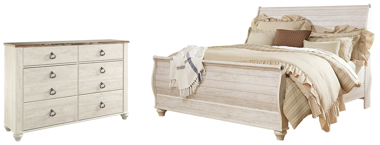 Willowton King Sleigh Bed with Dresser in Whitewash from Ashley - Luna Furniture