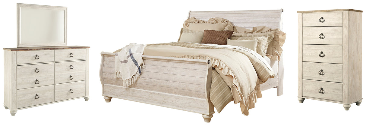 Willowton King Sleigh Bed with Mirrored Dresser and Chest in Whitewash from Ashley - Luna Furniture