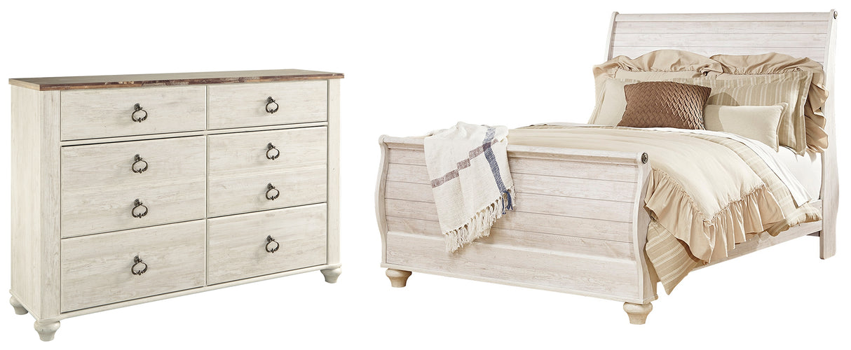 Willowton Queen Sleigh Bed with Dresser in Whitewash from Ashley Furniture - Luna Furniture