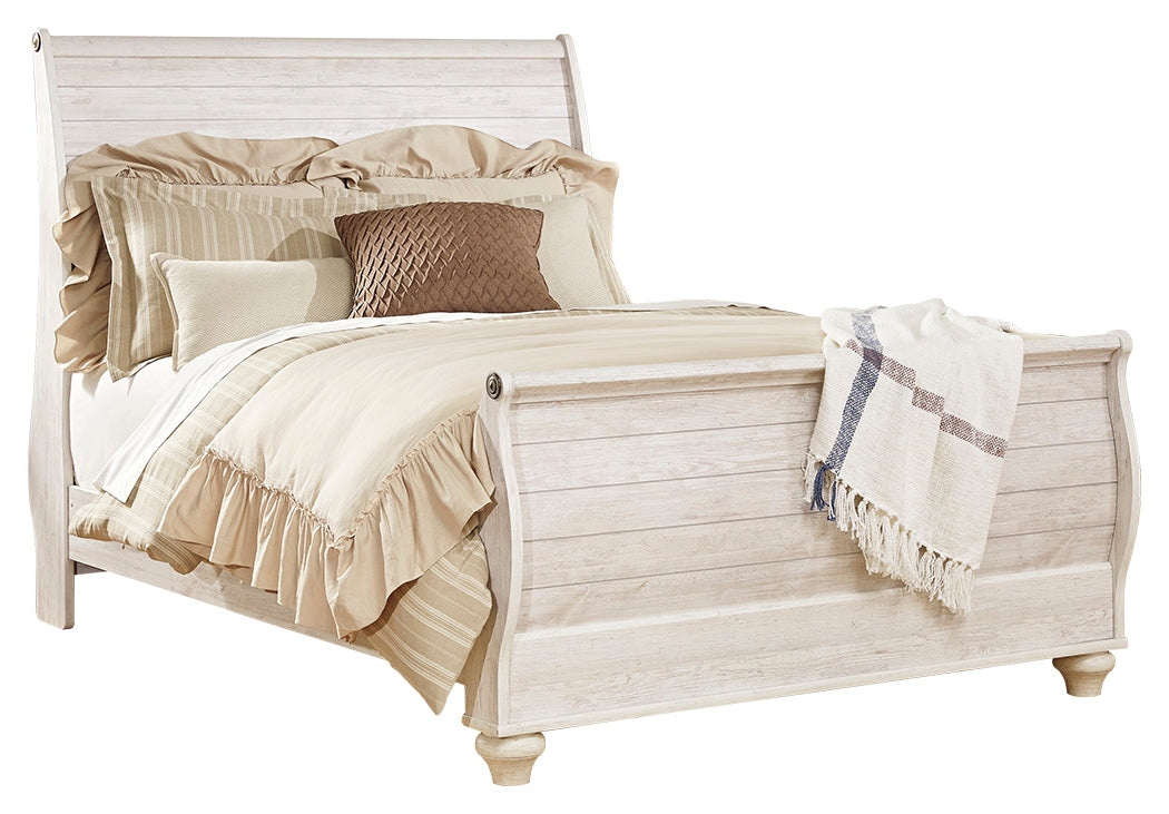 Willowton Queen Sleigh Bed with Dresser in Whitewash from Ashley Furniture - Luna Furniture