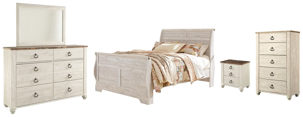 Willowton Queen Sleigh Bed with Mirrored Dresser, Chest and Nightstand in Whitewash from Ashley Furniture - Luna Furniture