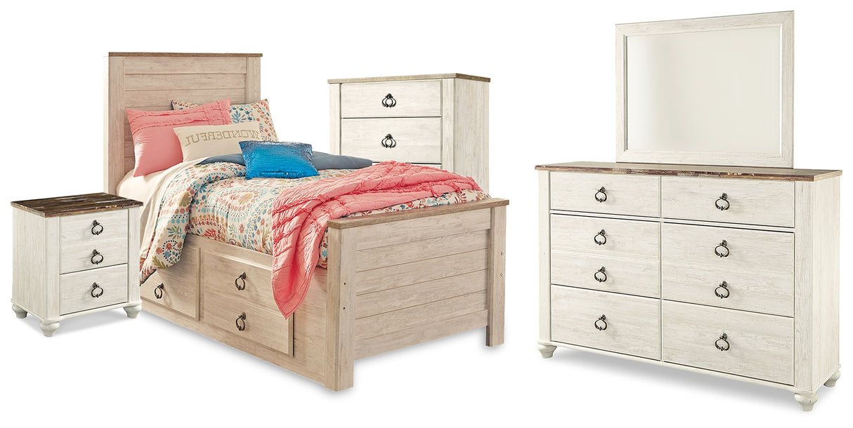 Willowton Twin Panel Bed with Storage with Mirrored Dresser, Chest and Nightstand in Whitewash from Ashley - Luna Furniture