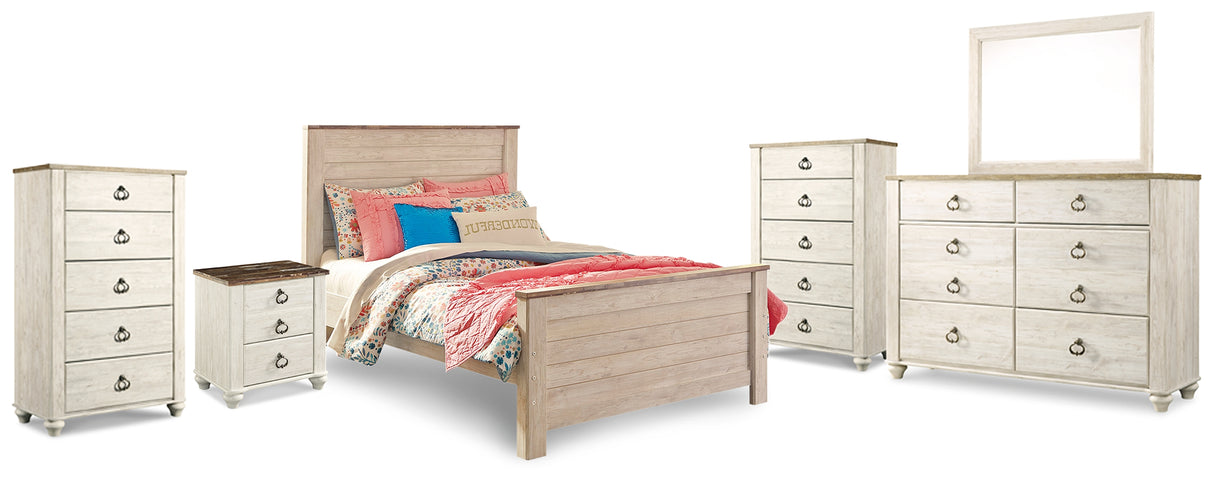 Willowton Whitewash Full Panel Bed, Dresser, Mirror, 2 Chests and nightstand from Ashley Furniture - Luna Furniture