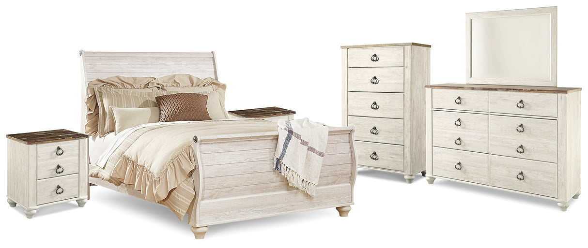 Willowton Whitewash Queen Sleigh Bed, 2 Dressers, Mirror, Chest and 2 Nightstands from Ashley Furniture - Luna Furniture