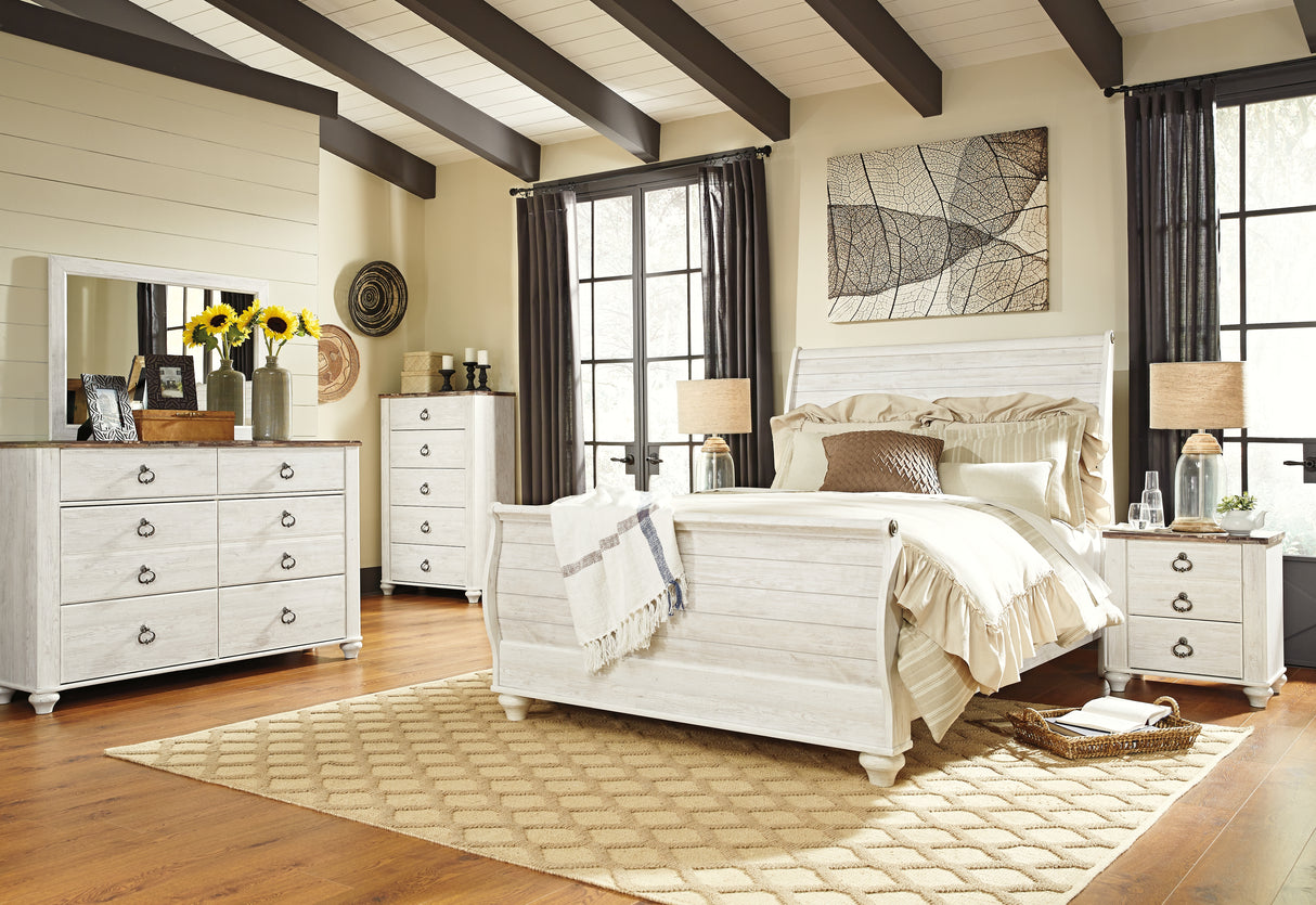 Willowton Whitewash Queen Sleigh Bed, 2 Dressers, Mirror, Chest and 2 Nightstands from Ashley Furniture - Luna Furniture