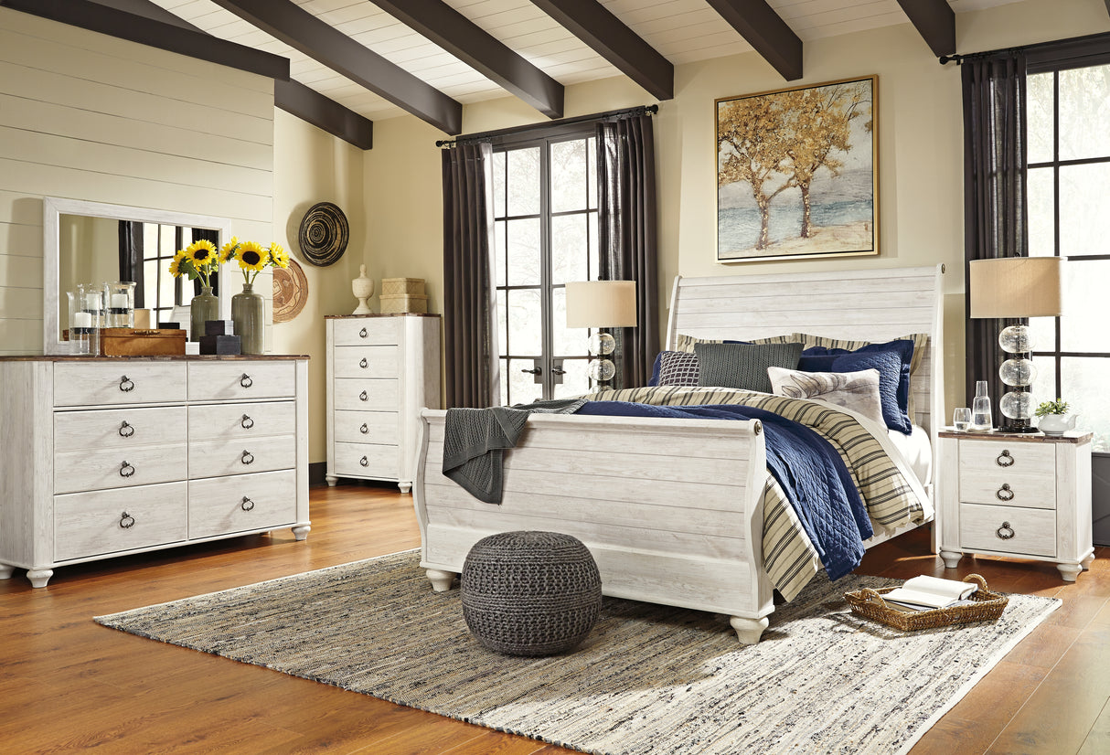 Willowton Whitewash Queen Sleigh Bed, 2 Dressers, Mirror, Chest and 2 Nightstands from Ashley Furniture - Luna Furniture