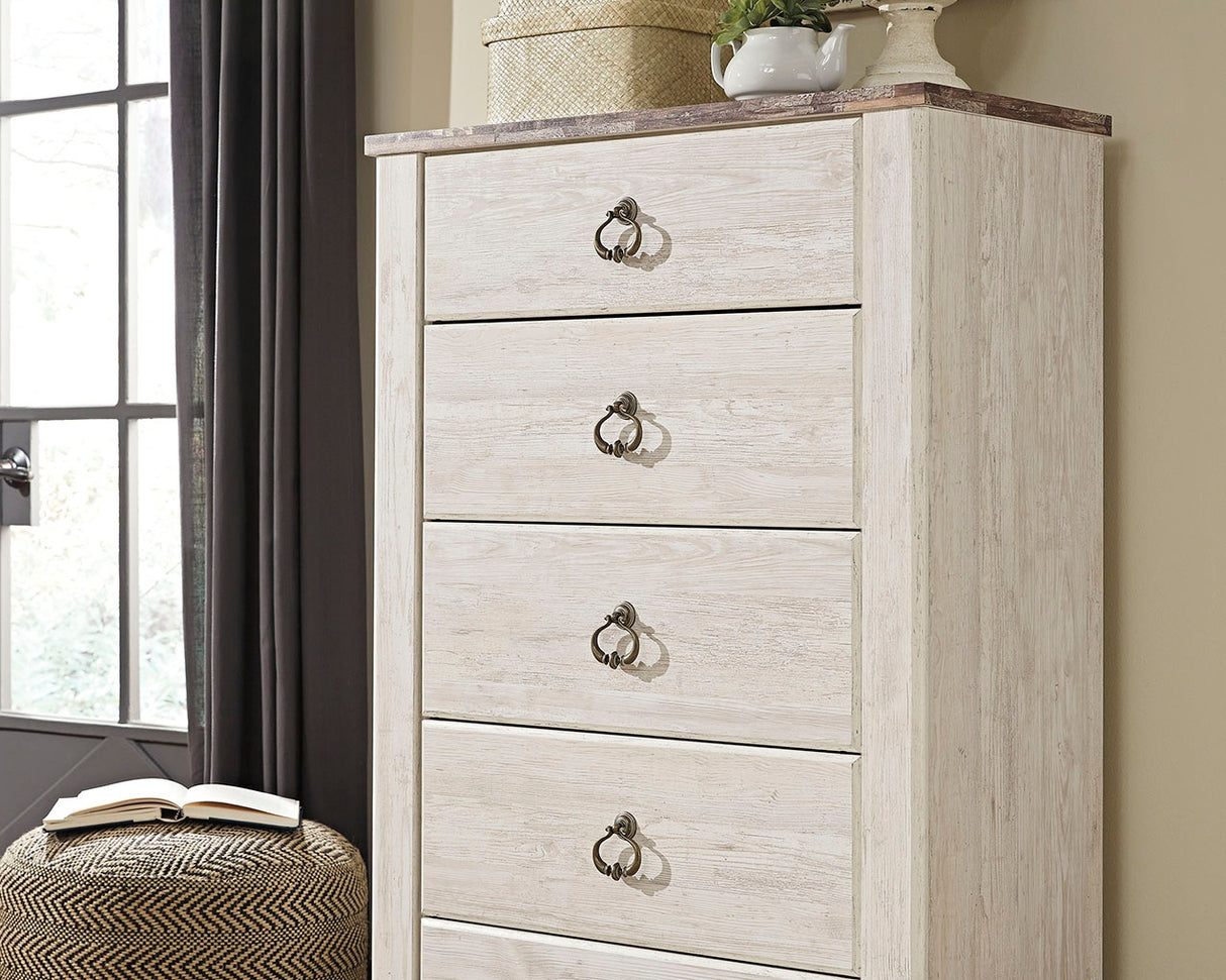 Willowton Whitewash Queen Sleigh Bed, 2 Dressers, Mirror, Chest and 2 Nightstands from Ashley Furniture - Luna Furniture