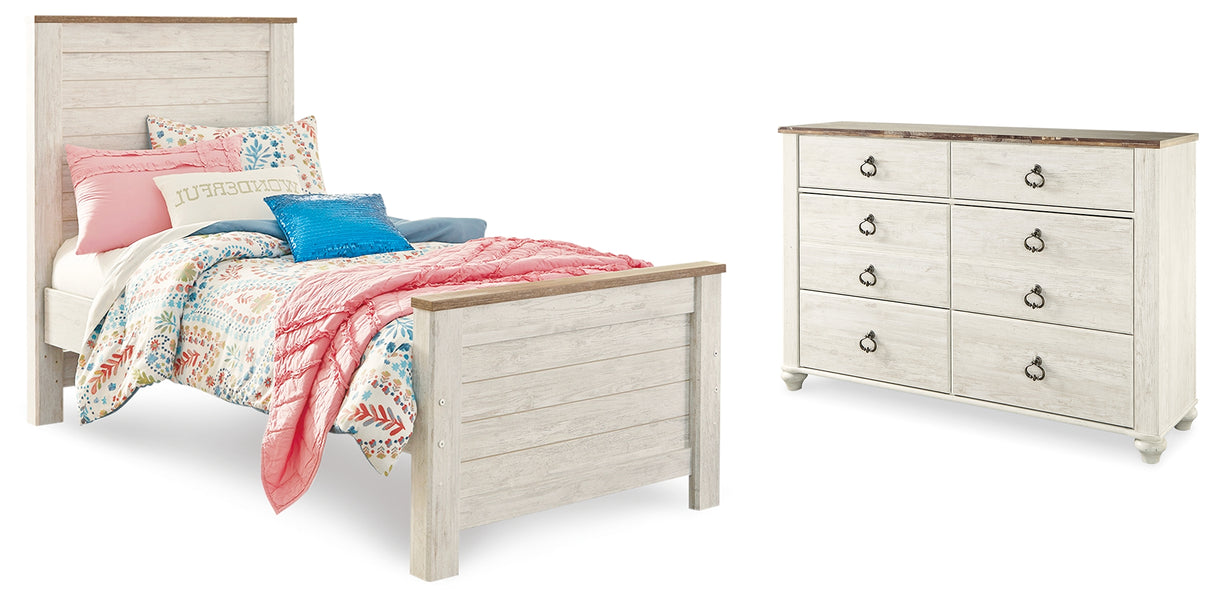 Willowton Whitewash Twin Panel Bed and Dresser from Ashley - Luna Furniture
