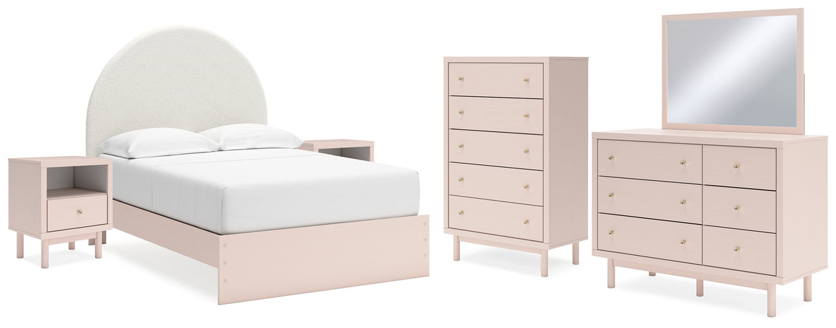 Wistenpine Full Upholstered Panel Bed with Mirrored Dresser, Chest and 2 Nightstands in Blush from Ashley - Luna Furniture