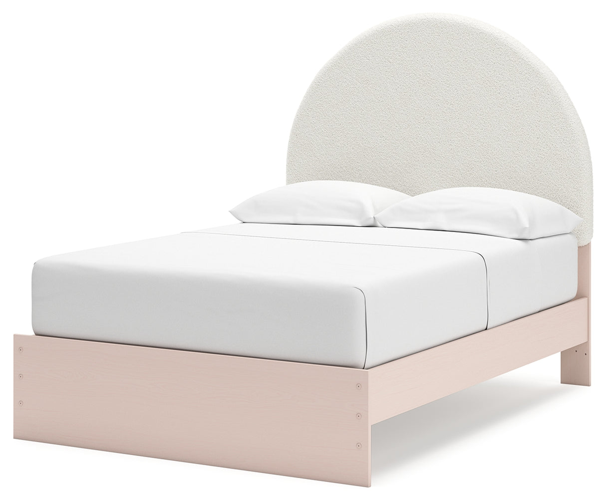 Wistenpine Full Upholstered Panel Bed with Mirrored Dresser and 2 Nightstands in Blush from Ashley - Luna Furniture