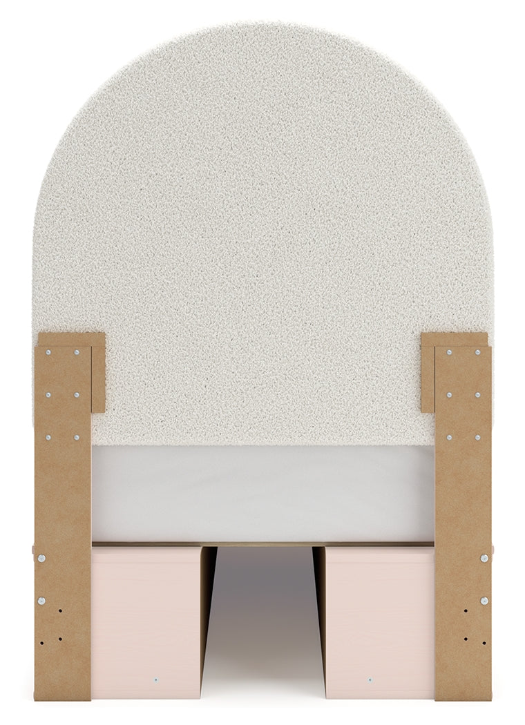 Wistenpine Twin Upholstered Panel Headboard with Mirrored Dresser, Chest and 2 Nightstands in Blush from Ashley - Luna Furniture