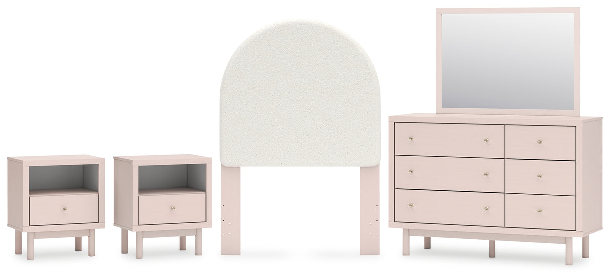 Wistenpine Twin Upholstered Panel Headboard with Mirrored Dresser and 2 Nightstands in Blush from Ashley - Luna Furniture