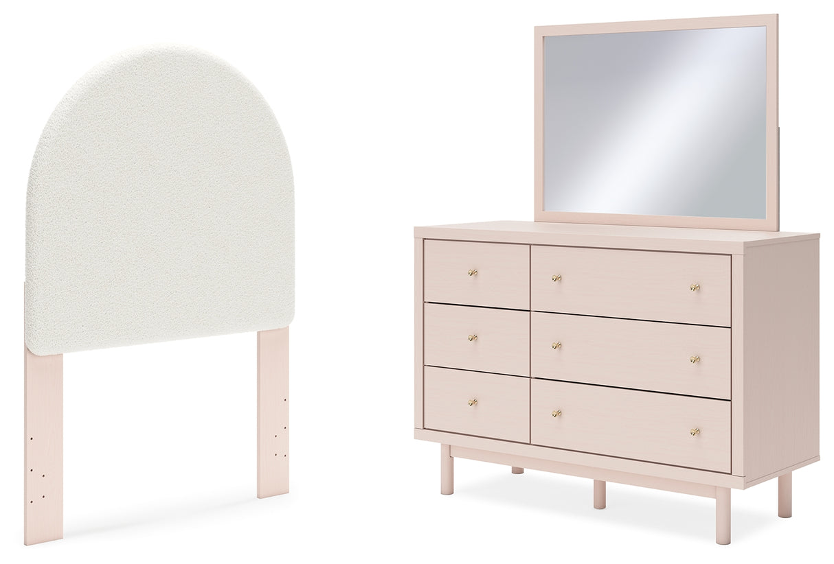 Wistenpine Twin Upholstered Panel Headboard with Mirrored Dresser in Blush from Ashley - Luna Furniture