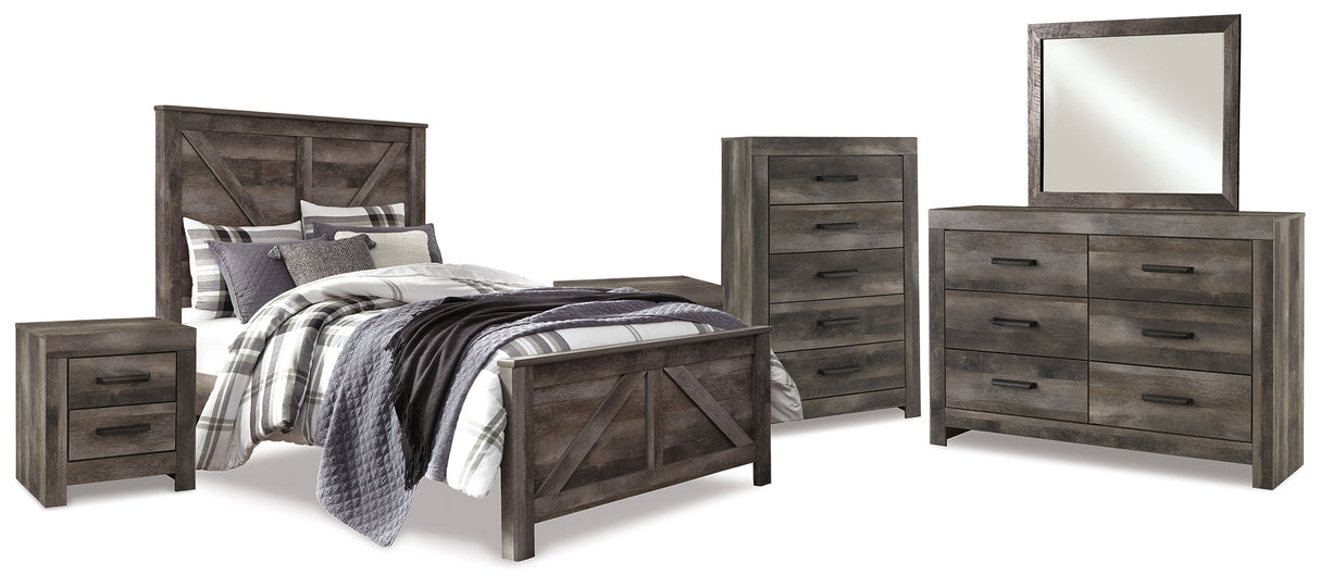 Wynnlow Queen Crossbuck Panel Bed with Mirrored Dresser, Chest and 2 Nightstands in Gray from Ashley - Luna Furniture