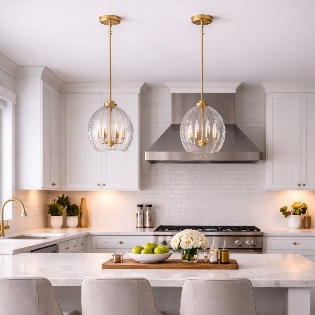 Zen Five Pendant Chain Hanging Light with Clear Glass - Satin Brass from Ashcroft Furniture - Luna Furniture