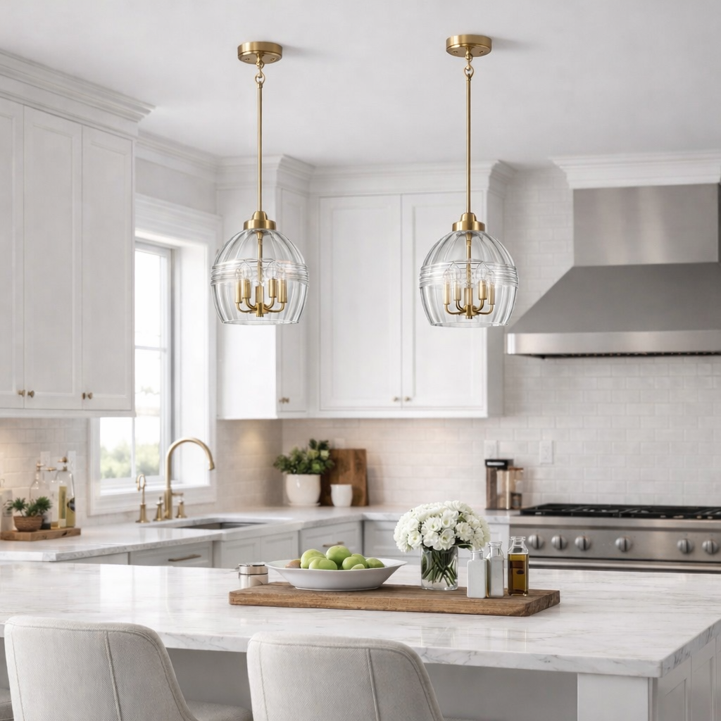 Zen Five Pendant Chain Hanging Light with Clear Glass - Satin Brass from Ashcroft Furniture - Luna Furniture