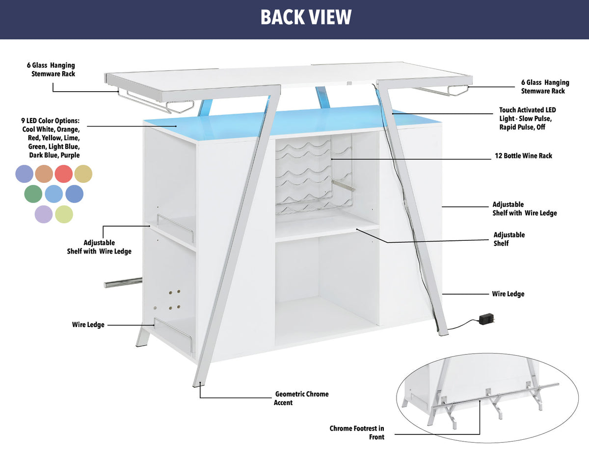 Zena White/Chrome Bar w/LED Lights from Steve Silver - Luna Furniture
