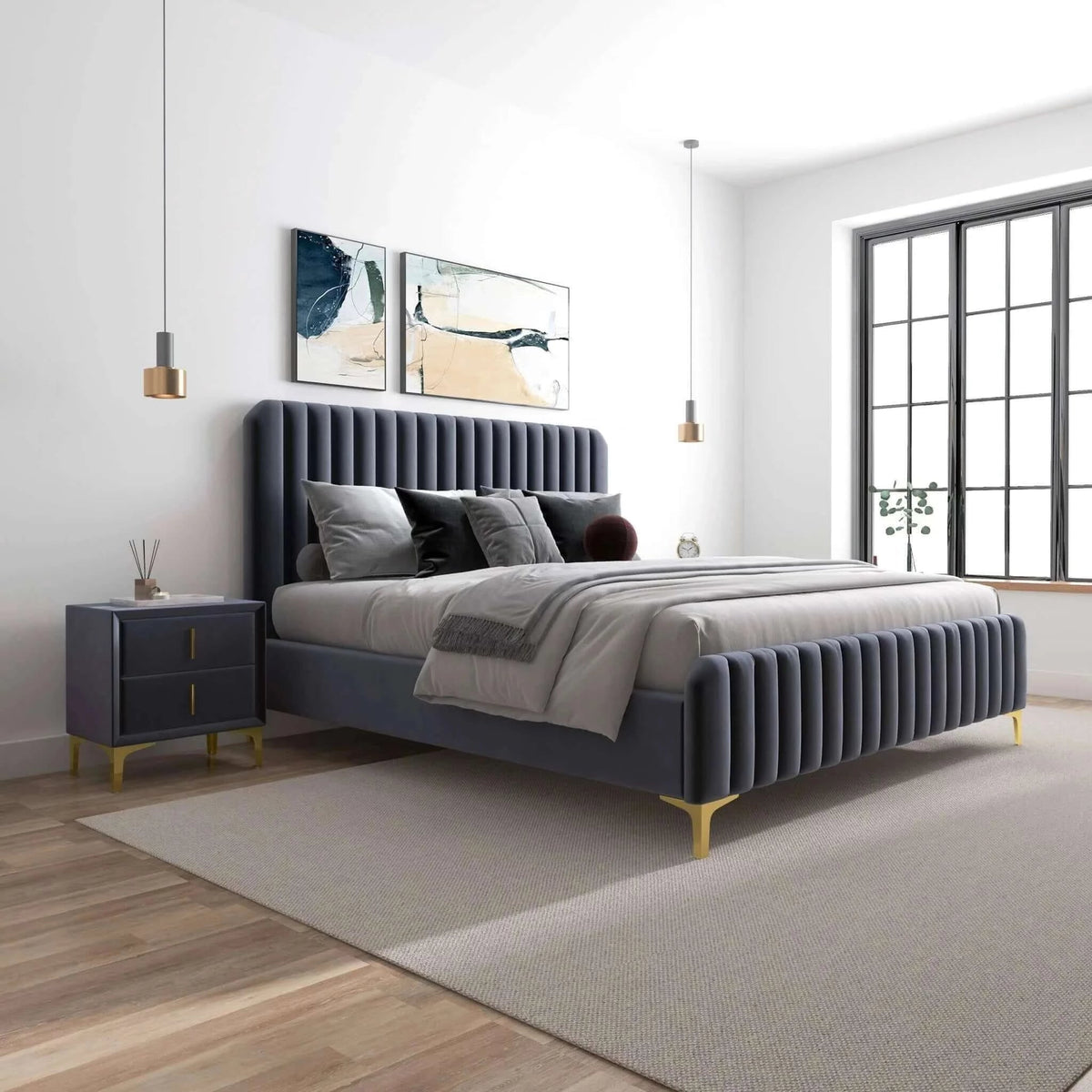 Bethany Velvet Upholstered Platform Bed Queen / Grey from Ashcroft Furniture - Luna Furniture